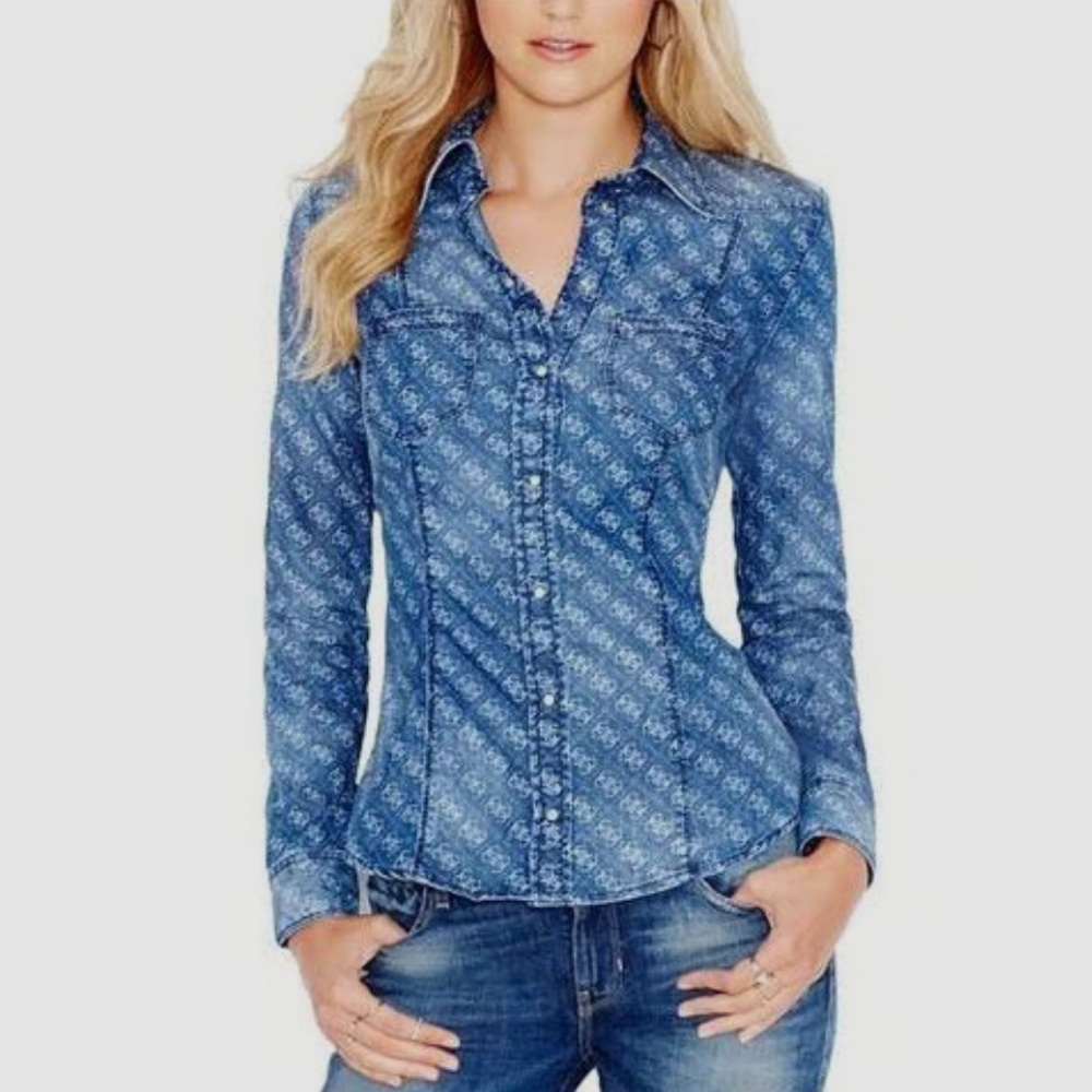 Vintage Guess Y2K Monogram Button-Up Shirt - Size Small - Denim Look